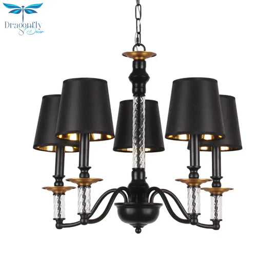 3/5/6 Lights Linen Chandelier Traditional Black Conical Living Room Suspended Lighting Fixture