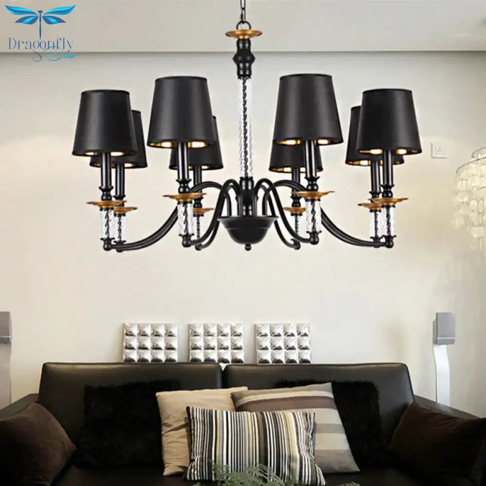 3/5/6 Lights Linen Chandelier Traditional Black Conical Living Room Suspended Lighting Fixture