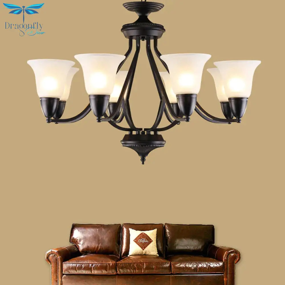 3/5/6 Lights Pendant Light Classic Bell Frosted Glass Hanging Chandelier In Deep Tan For Dining Room
