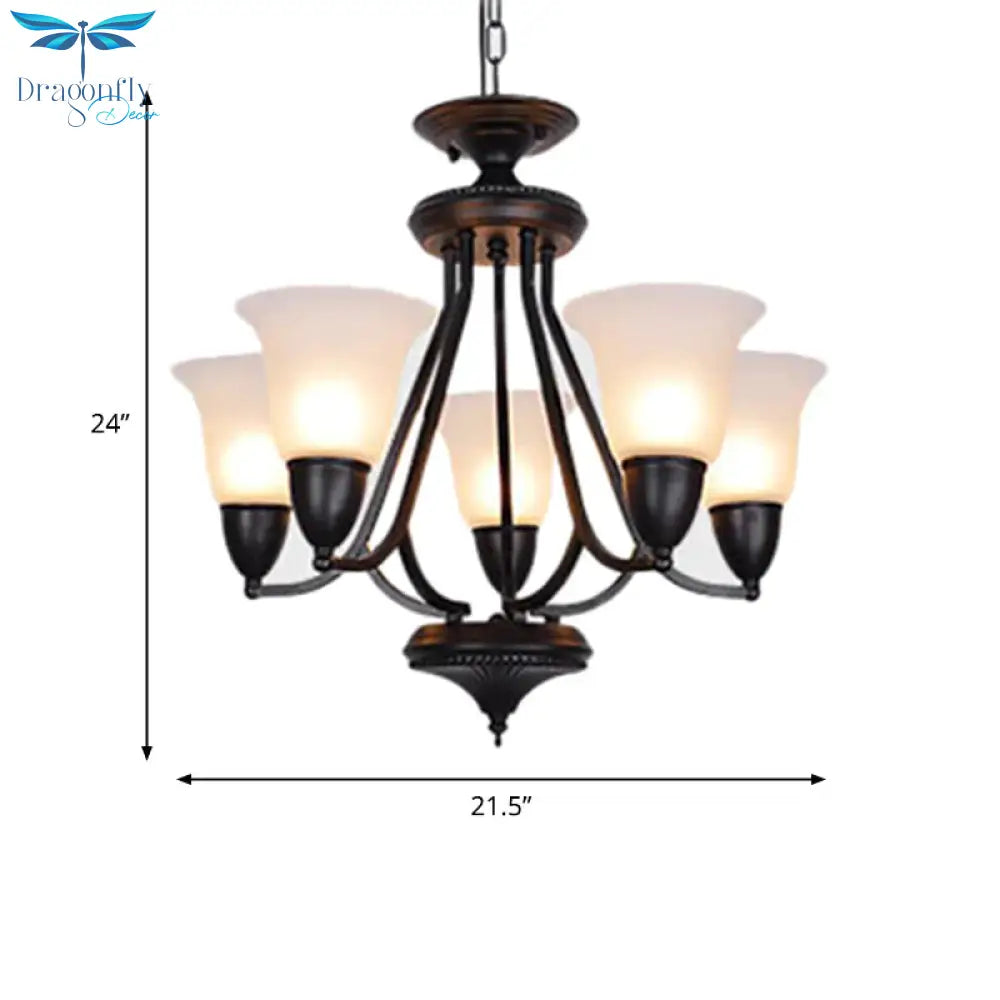 3/5/6 Lights Pendant Light Classic Bell Frosted Glass Hanging Chandelier In Deep Tan For Dining Room