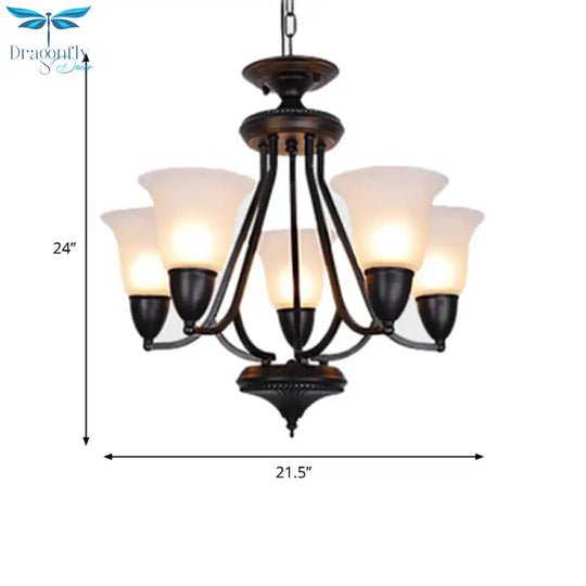 3/5/6 Lights Pendant Light Classic Bell Frosted Glass Hanging Chandelier In Deep Tan For Dining Room