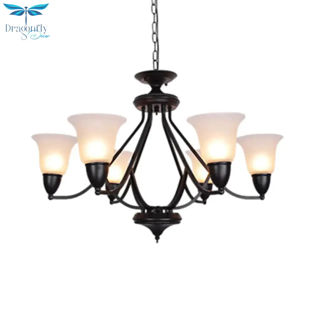3/5/6 Lights Pendant Light Classic Bell Frosted Glass Hanging Chandelier In Deep Tan For Dining Room