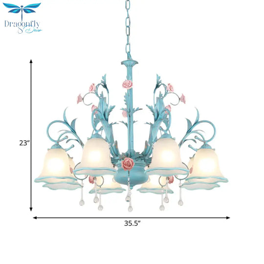 3/5/8 - Head Chandelier Light Pastoral Kitchen Pendant Lamp With Scallop - Trim White Glass Shade