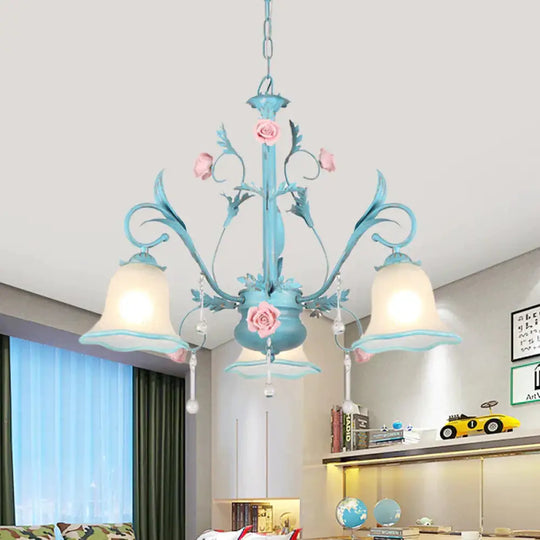 3/5/8 - Head Chandelier Light Pastoral Kitchen Pendant Lamp With Scallop - Trim White Glass Shade