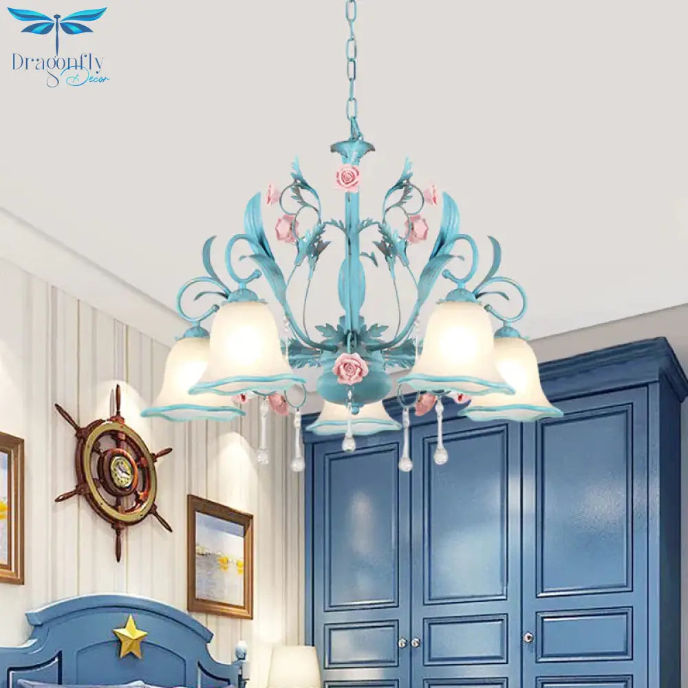 3/5/8 - Head Chandelier Light Pastoral Kitchen Pendant Lamp With Scallop - Trim White Glass Shade