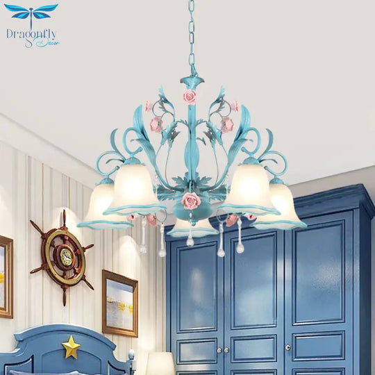 3/5/8 - Head Chandelier Light Pastoral Kitchen Pendant Lamp With Scallop - Trim White Glass Shade