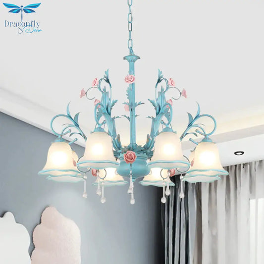 3/5/8 - Head Chandelier Light Pastoral Kitchen Pendant Lamp With Scallop - Trim White Glass Shade