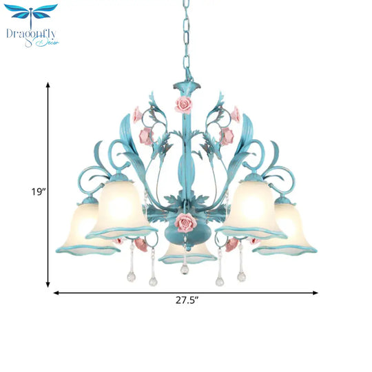 3/5/8 - Head Chandelier Light Pastoral Kitchen Pendant Lamp With Scallop - Trim White Glass Shade