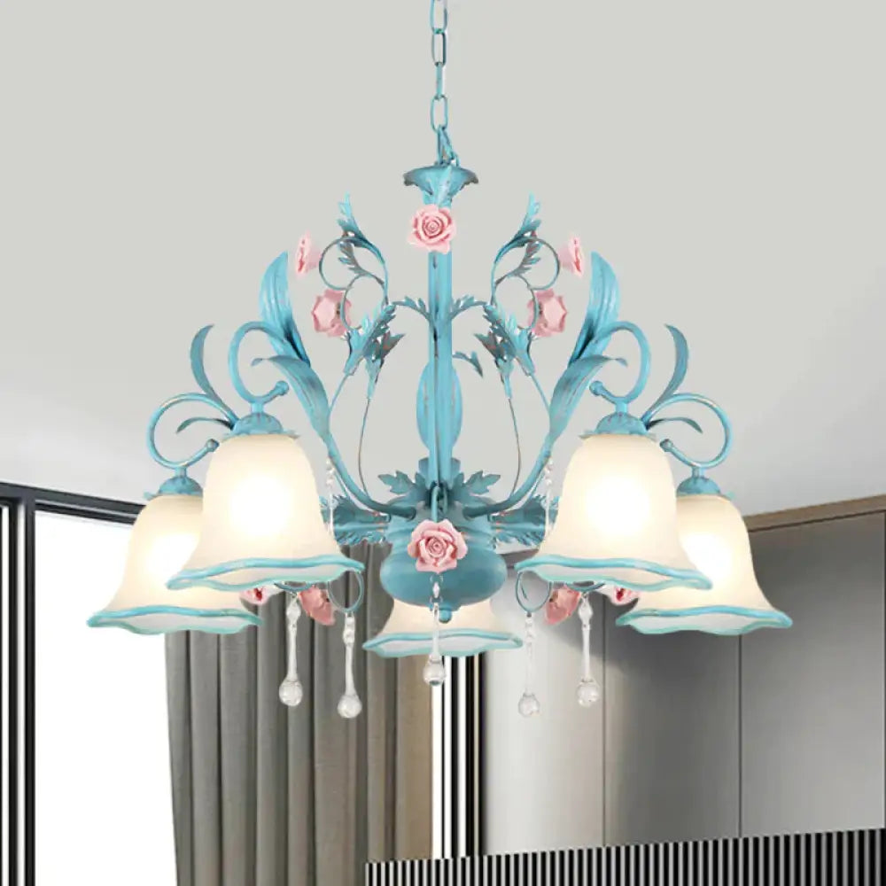 3/5/8 - Head Chandelier Light Pastoral Kitchen Pendant Lamp With Scallop - Trim White Glass Shade