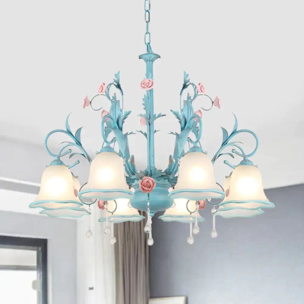 3/5/8 - Head Chandelier Light Pastoral Kitchen Pendant Lamp With Scallop - Trim White Glass Shade