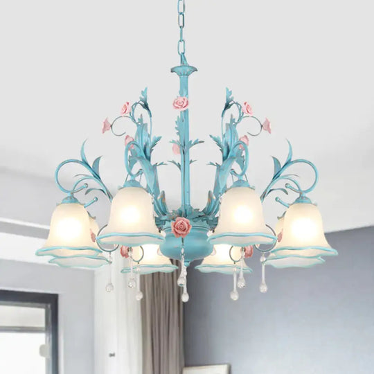 3/5/8 - Head Chandelier Light Pastoral Kitchen Pendant Lamp With Scallop - Trim White Glass Shade