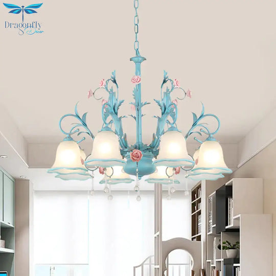 3/5/8 - Head Chandelier Light Pastoral Kitchen Pendant Lamp With Scallop - Trim White Glass Shade