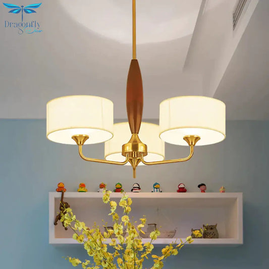 3/5 - Bulb Drop Pendant Countryside Bedroom Chandelier Lamp With Drum Fabric Shade In White