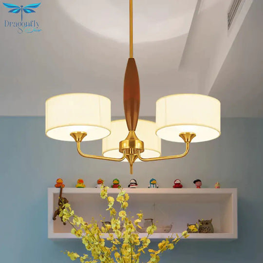 3/5 - Bulb Drop Pendant Countryside Bedroom Chandelier Lamp With Drum Fabric Shade In White