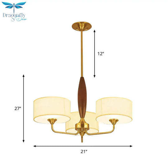 3/5 - Bulb Drop Pendant Countryside Bedroom Chandelier Lamp With Drum Fabric Shade In White