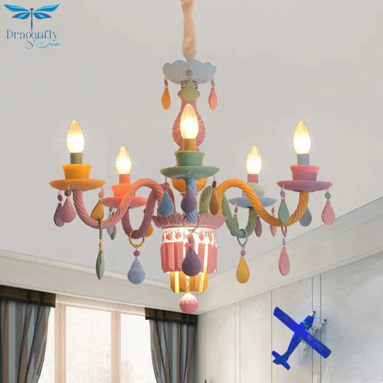 3/5 Bulbs Candle Chandelier Pendant Light Macaron Glass Hanging With Crystal Accent In Multi Color