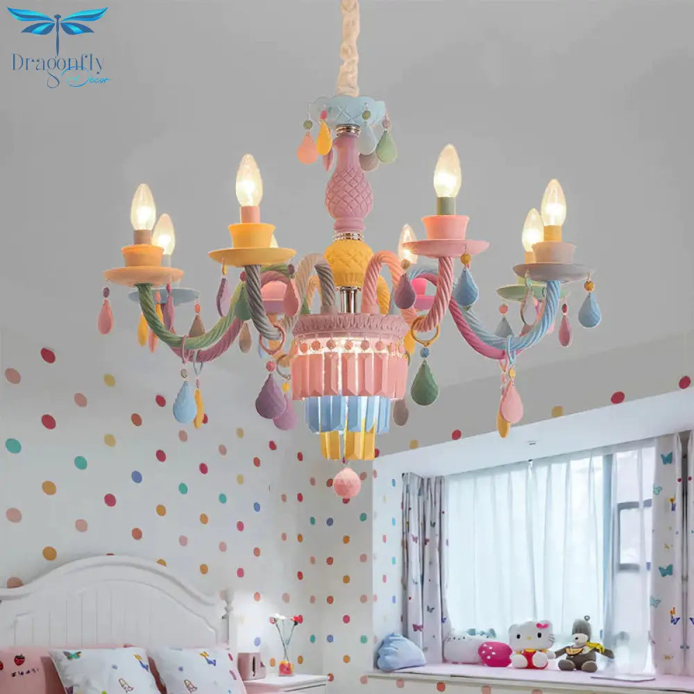 3/5 Bulbs Candle Chandelier Pendant Light Macaron Glass Hanging With Crystal Accent In Multi Color