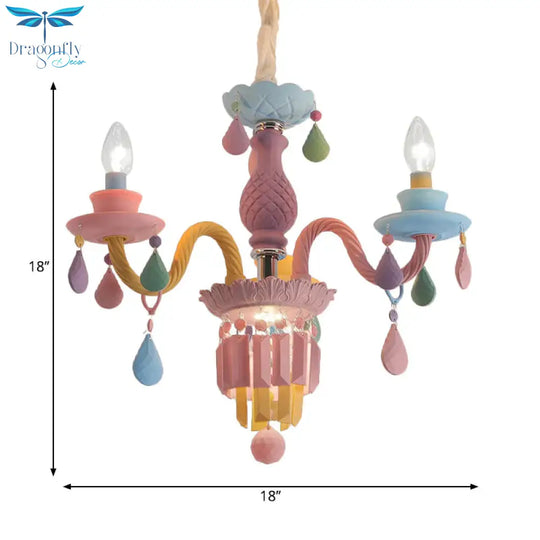 3/5 Bulbs Candle Chandelier Pendant Light Macaron Glass Hanging With Crystal Accent In Multi Color