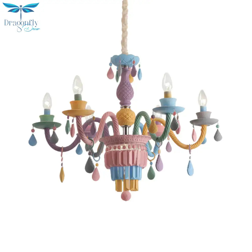 3/5 Bulbs Candle Chandelier Pendant Light Macaron Glass Hanging With Crystal Accent In Multi Color