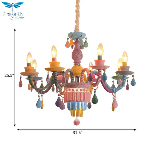 3/5 Bulbs Candle Chandelier Pendant Light Macaron Glass Hanging With Crystal Accent In Multi Color