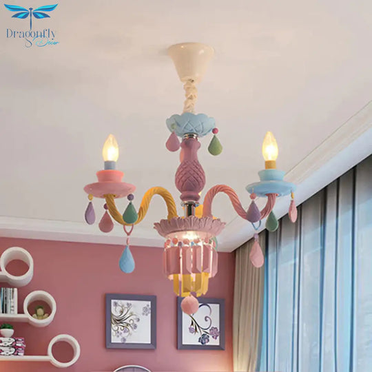 3/5 Bulbs Candle Chandelier Pendant Light Macaron Glass Hanging With Crystal Accent In Multi Color