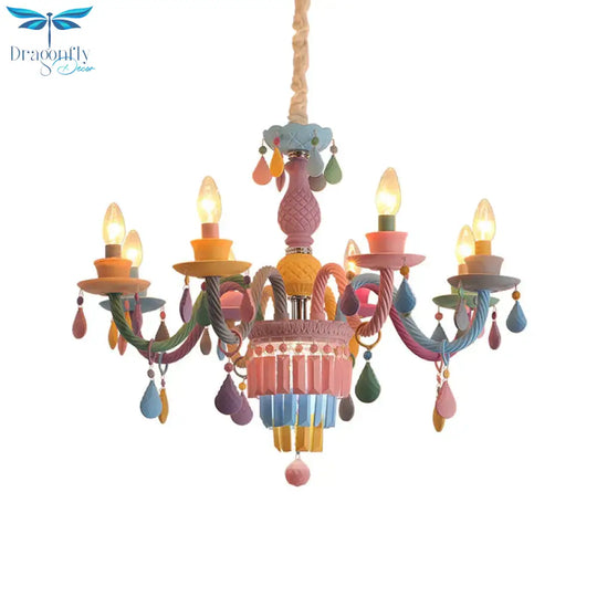 3/5 Bulbs Candle Chandelier Pendant Light Macaron Glass Hanging With Crystal Accent In Multi Color