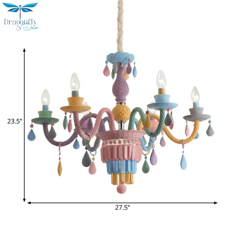 3/5 Bulbs Candle Chandelier Pendant Light Macaron Glass Hanging With Crystal Accent In Multi Color