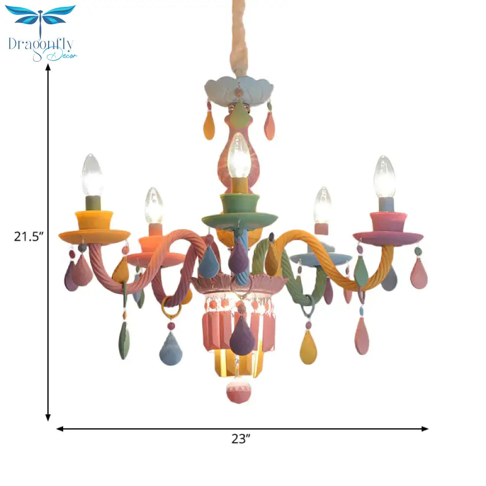 3/5 Bulbs Candle Chandelier Pendant Light Macaron Glass Hanging With Crystal Accent In Multi Color