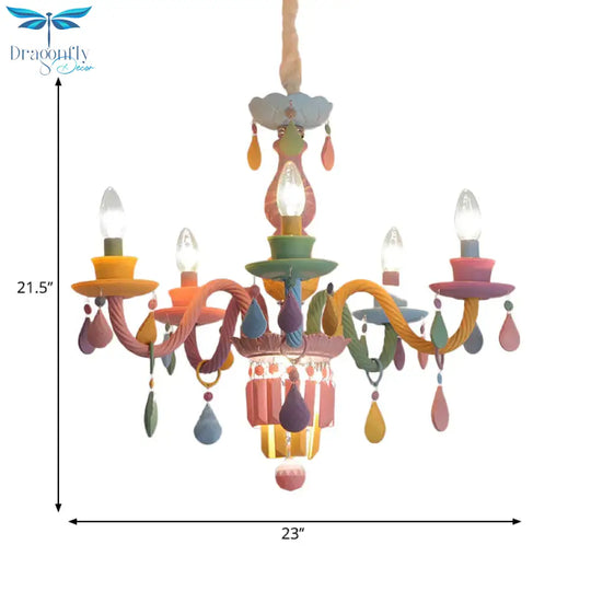 3/5 Bulbs Candle Chandelier Pendant Light Macaron Glass Hanging With Crystal Accent In Multi Color
