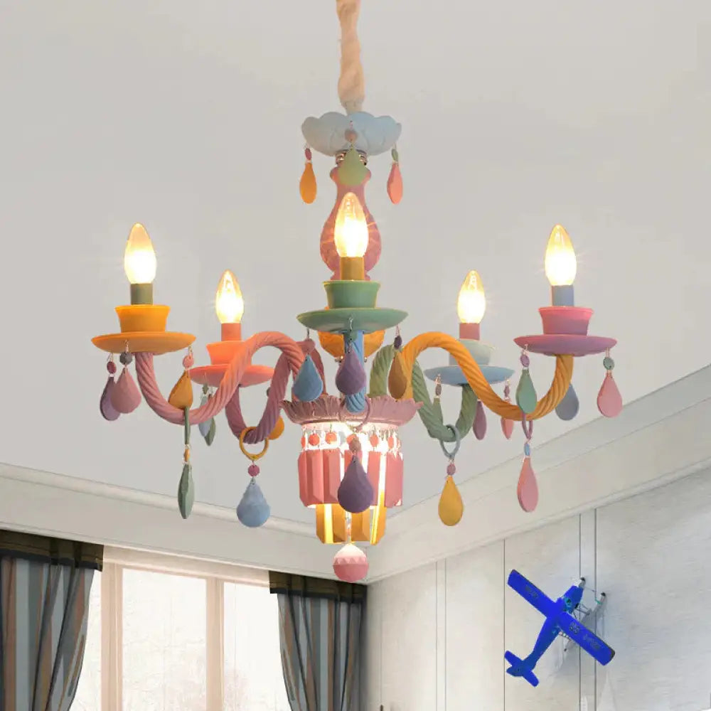3/5 Bulbs Candle Chandelier Pendant Light Macaron Glass Hanging With Crystal Accent In Multi Color