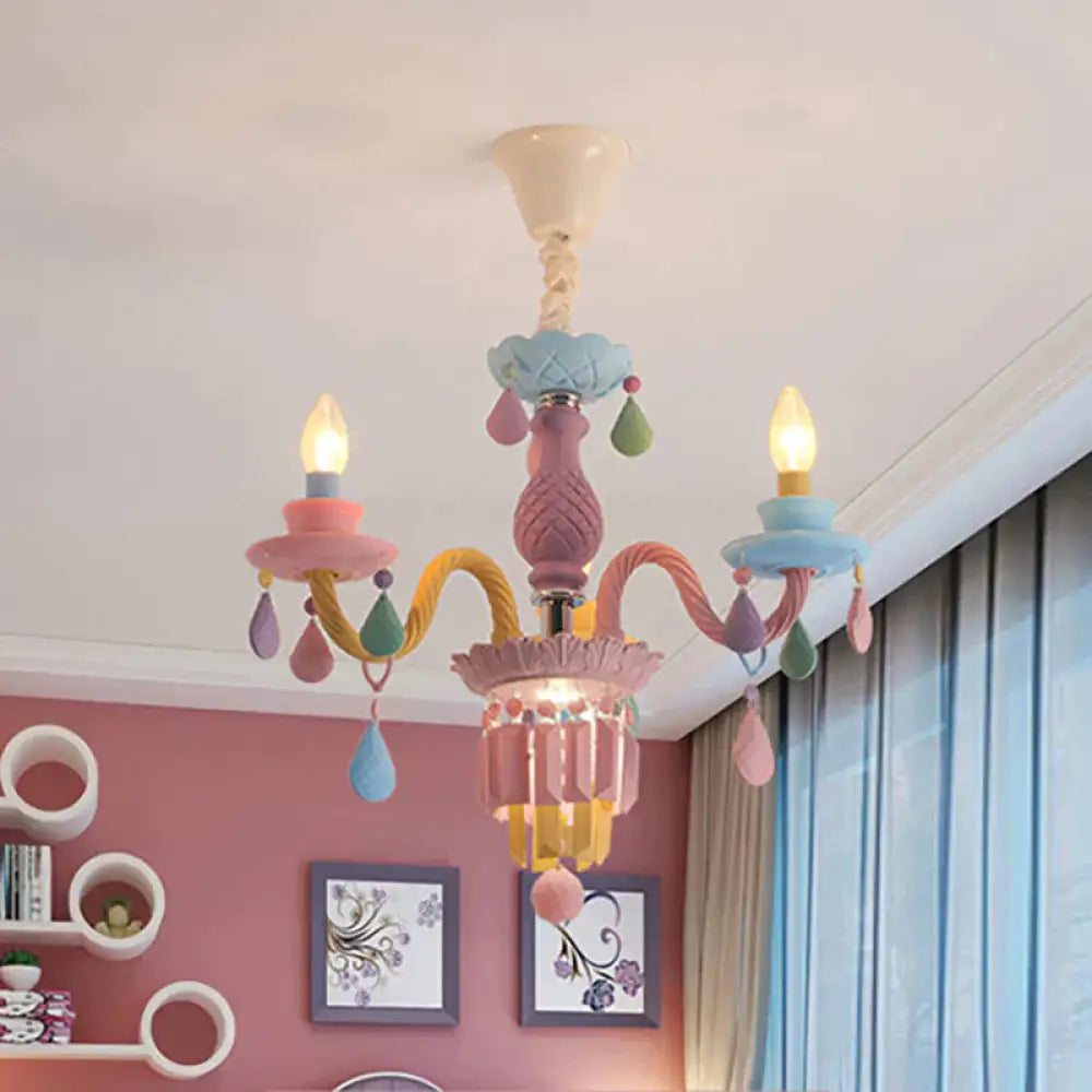 3/5 Bulbs Candle Chandelier Pendant Light Macaron Glass Hanging With Crystal Accent In Multi Color