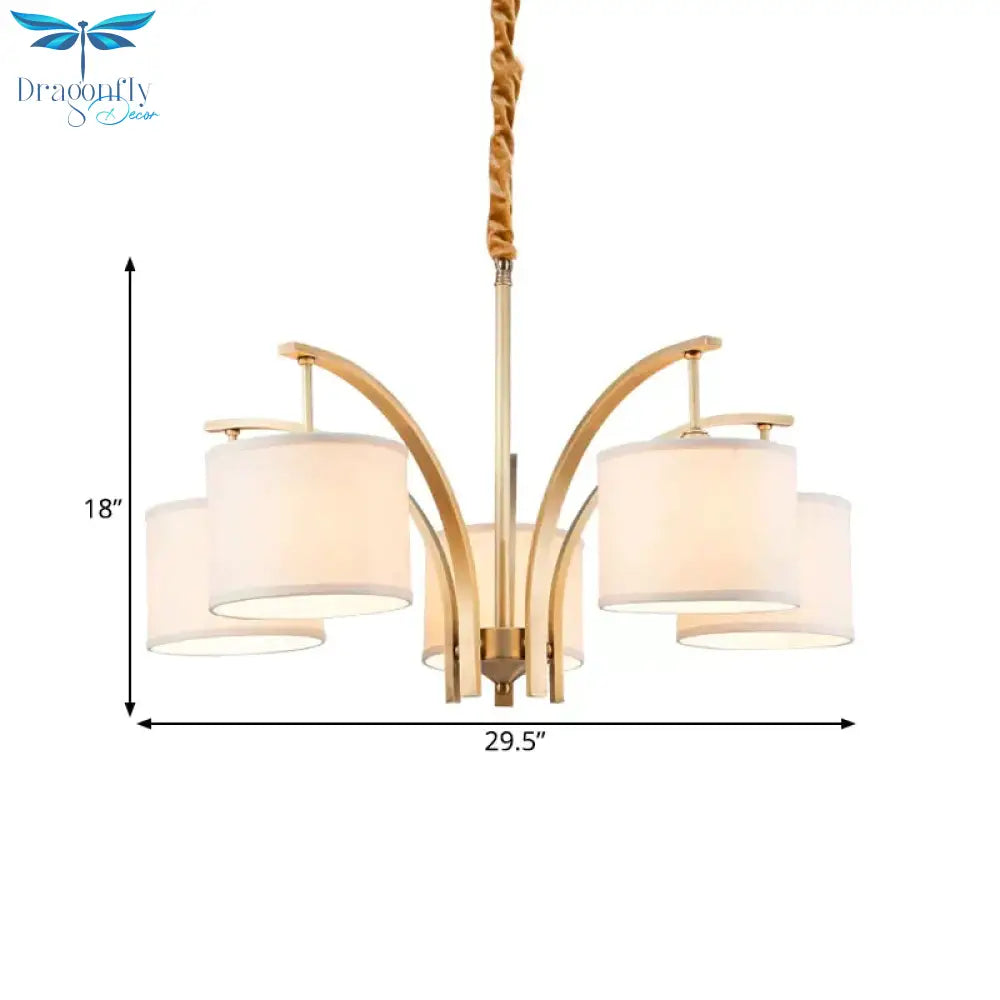 3/5 Bulbs Chandelier Lighting Country Drum Shade Fabric Hanging Lamp In Gold With Metal Curved Arm