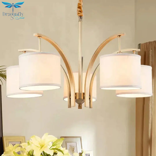 3/5 Bulbs Chandelier Lighting Country Drum Shade Fabric Hanging Lamp In Gold With Metal Curved Arm