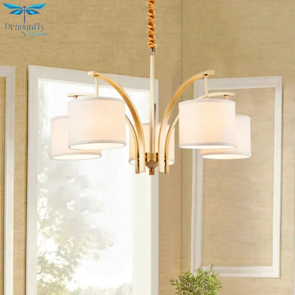 3/5 Bulbs Chandelier Lighting Country Drum Shade Fabric Hanging Lamp In Gold With Metal Curved Arm