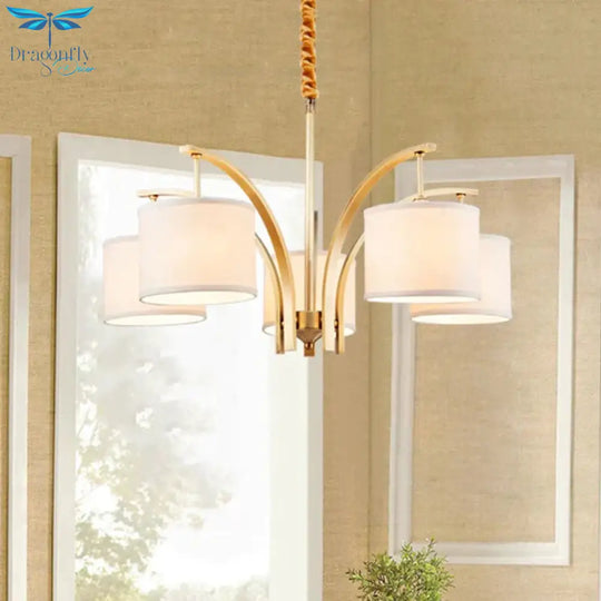 3/5 Bulbs Chandelier Lighting Country Drum Shade Fabric Hanging Lamp In Gold With Metal Curved Arm