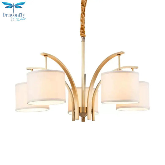 3/5 Bulbs Chandelier Lighting Country Drum Shade Fabric Hanging Lamp In Gold With Metal Curved Arm