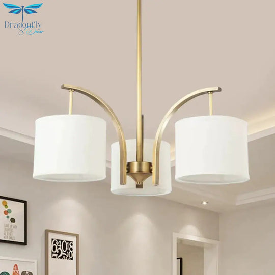 3/5 Bulbs Chandelier Lighting Country Drum Shade Fabric Hanging Lamp In Gold With Metal Curved Arm