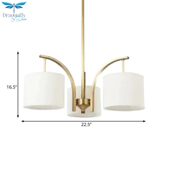 3/5 Bulbs Chandelier Lighting Country Drum Shade Fabric Hanging Lamp In Gold With Metal Curved Arm