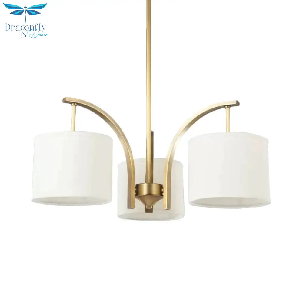 3/5 Bulbs Chandelier Lighting Country Drum Shade Fabric Hanging Lamp In Gold With Metal Curved Arm