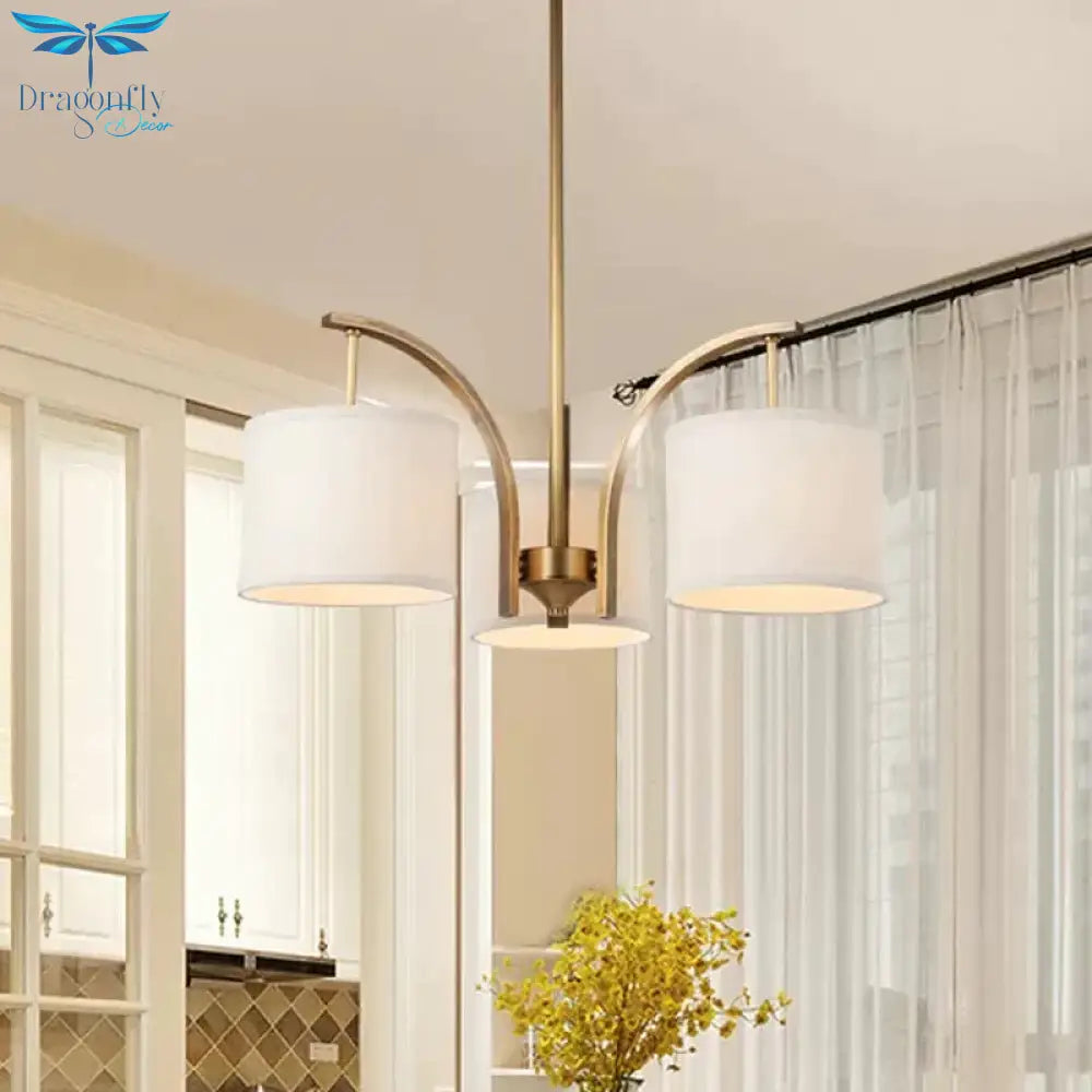 3/5 Bulbs Chandelier Lighting Country Drum Shade Fabric Hanging Lamp In Gold With Metal Curved Arm