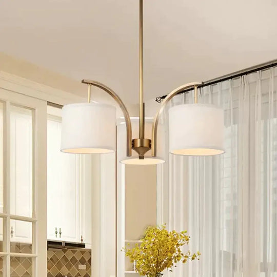 3/5 Bulbs Chandelier Lighting Country Drum Shade Fabric Hanging Lamp In Gold With Metal Curved Arm
