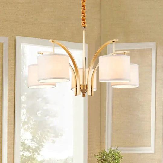 3/5 Bulbs Chandelier Lighting Country Drum Shade Fabric Hanging Lamp In Gold With Metal Curved Arm