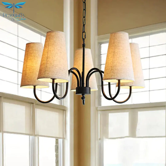 3/5 Bulbs Chandelier Lighting Fixture Rural Living Room Pendant Lamp With Conical Fabric Shade In