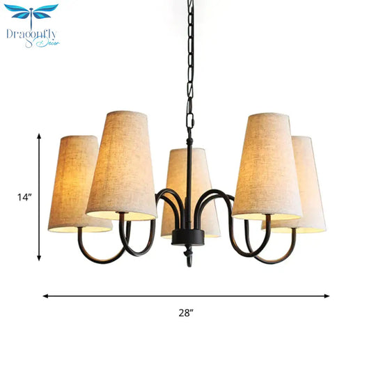 3/5 Bulbs Chandelier Lighting Fixture Rural Living Room Pendant Lamp With Conical Fabric Shade In