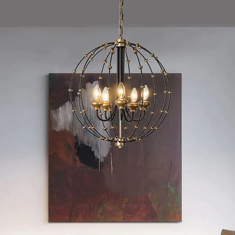3/5 Bulbs Dining Room Ceiling Lamp Country Black Chandelier Pendant Light With Globe Metal Cage