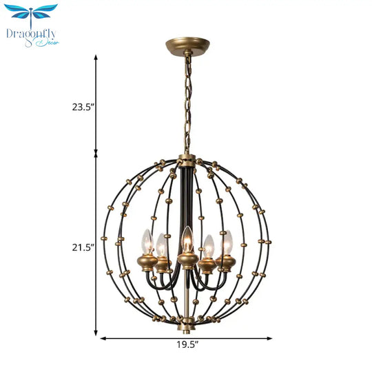 3/5 Bulbs Dining Room Ceiling Lamp Country Black Chandelier Pendant Light With Globe Metal Cage