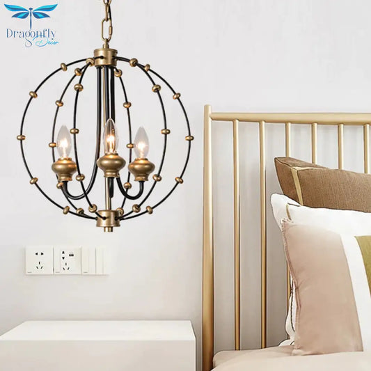 3/5 Bulbs Dining Room Ceiling Lamp Country Black Chandelier Pendant Light With Globe Metal Cage