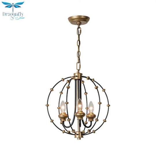 3/5 Bulbs Dining Room Ceiling Lamp Country Black Chandelier Pendant Light With Globe Metal Cage