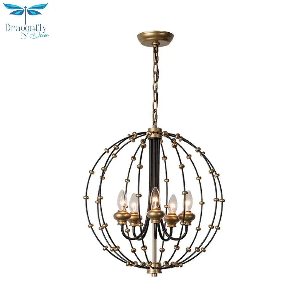 3/5 Bulbs Dining Room Ceiling Lamp Country Black Chandelier Pendant Light With Globe Metal Cage