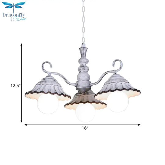 3/5 Bulbs Pendant Chandelier Countryside Scalloped Conic Ceramics Down Lighting In White